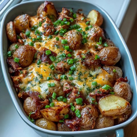 Hearty casserole featuring juicy chicken breasts nestled among tender, roasted baby potatoes and onions.