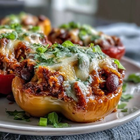 Pepper cups overflowing with hearty chili mac, ready to serve for dinner.