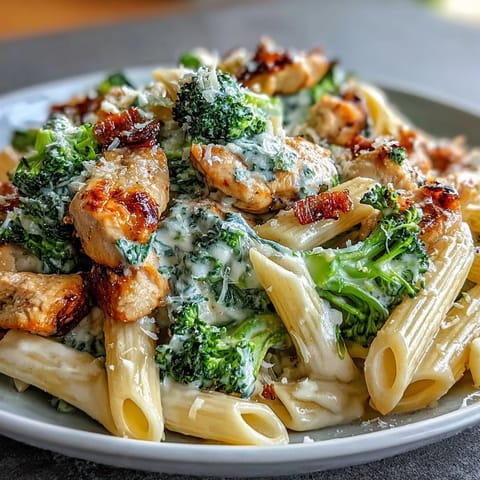 Tender chicken and crisp broccoli tossed in Garlic Parmesan Broccoli & Chicken Pasta, steaming on a fork in a cozy kitchen.