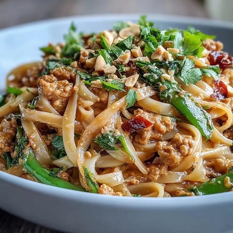 A close-up of creamy Thai-inspired peanut noodle bowls with ground chicken, crisp red bell peppers, and snap peas. 
