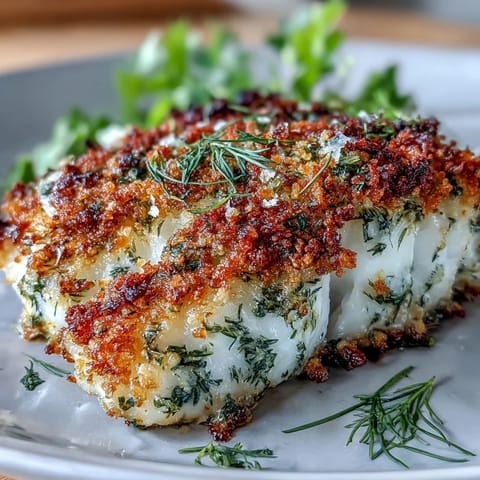 Herb-crusted baked cod with roasted vegetables, golden fillets topped with fresh parsley, dill, and chives, served with colorful carrots and bell peppers.