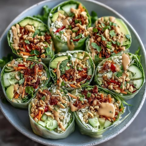 Fresh vegan spring roll salad bursting with crisp vegetables, fragrant herbs, and rich peanut dressing for a healthy meal.  