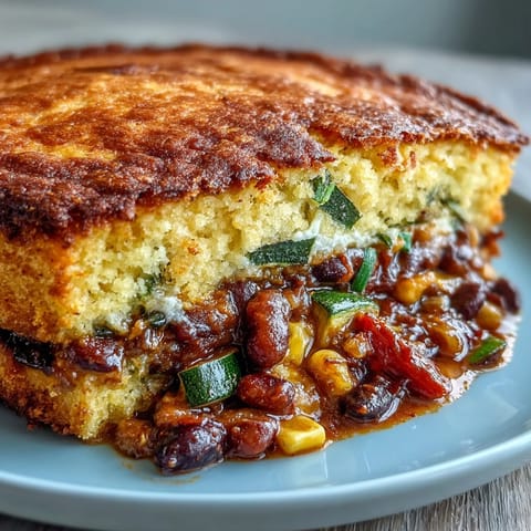 Hearty vegan taco pot pie with black bean filling and golden cornbread topping, baked until bubbly and golden.