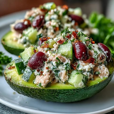 Creamy avocado halves filled with Mediterranean tuna salad, garnished with parsley and drizzled with olive oil.  