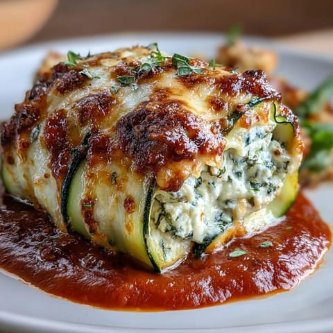 Keto Zucchini Lasagna Roll-Ups with Ricotta and Marinara: Tender zucchini slices rolled with creamy ricotta, herbs, and marinara, baked until bubbly and golden for a low-carb Italian classic.