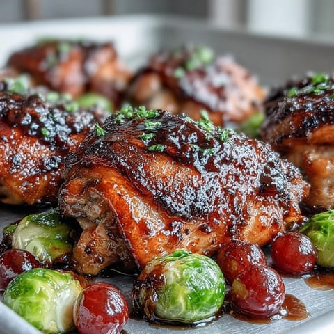 Sheet pan balsamic chicken with Brussels sprouts and grapes, roasted to perfection with a sweet and tangy glaze.  