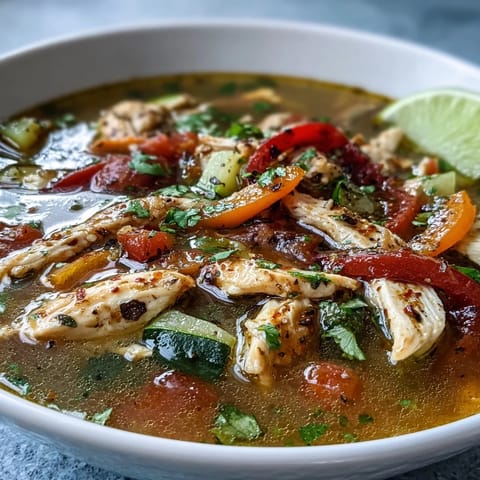 Colorful chicken fajita soup loaded with tender chicken, zucchini, and bell peppers in a fragrant Tex-Mex broth.  
