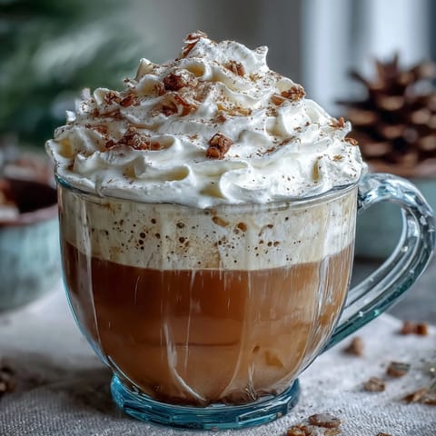 A steaming Christmas chai latte with spiced whipped cream, topped with cinnamon and nutmeg in a cozy holiday mug.