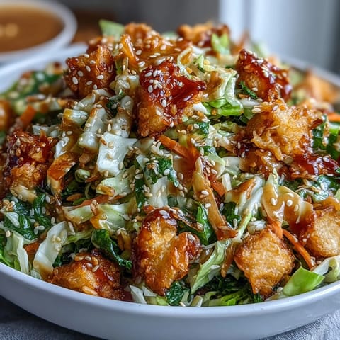 Quick Crispy Rice Salad with Peanut Sesame Dressing in a white bowl, golden rice clusters mixed with vibrant shredded cabbage, cucumber, and red bell pepper, topped with sesame seeds.