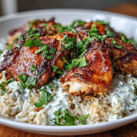 One Pot Shawarma Chicken and Rice with aromatic spices, seared chicken, and fluffy basmati rice, served with a zesty yogurt drizzle.  