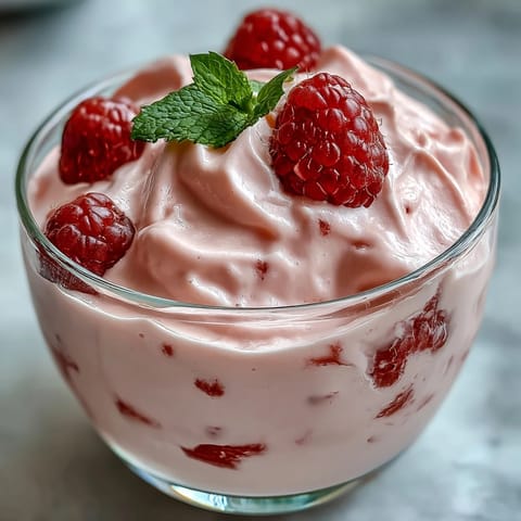 Creamy cottage cheese raspberry mousse with fresh berries and a drizzle of honey, perfect for a light dessert.