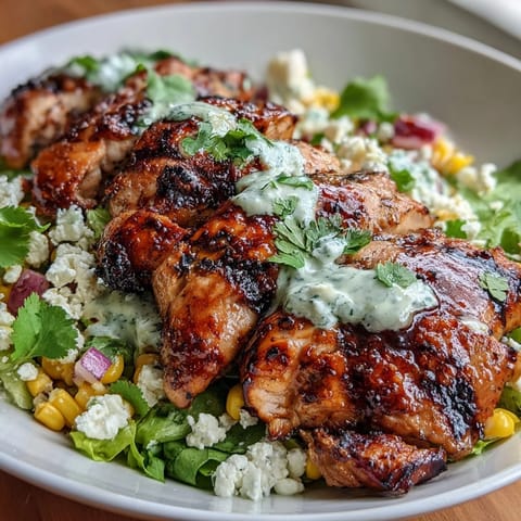 High-protein grilled chicken and vibrant street corn combine with crisp greens and creamy dressing for a colorful, nutritious summer meal.  