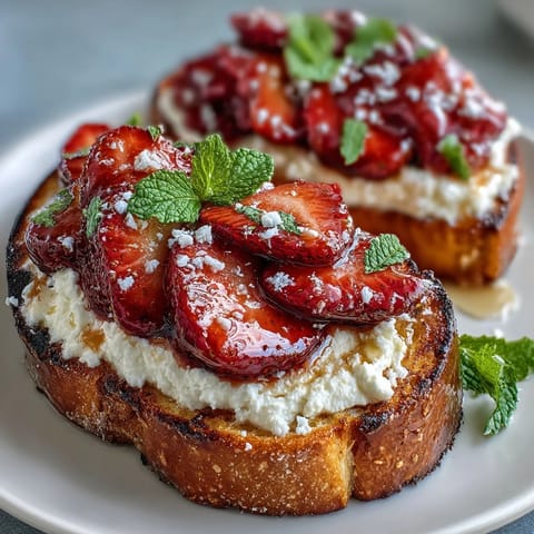 Creamy ricotta spread topped with juicy strawberries and a touch of lemon zest, perfect for a festive brunch.