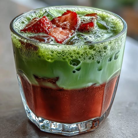 Vibrant layered strawberry matcha iced latte with creamy oat milk and fresh strawberry puree.  