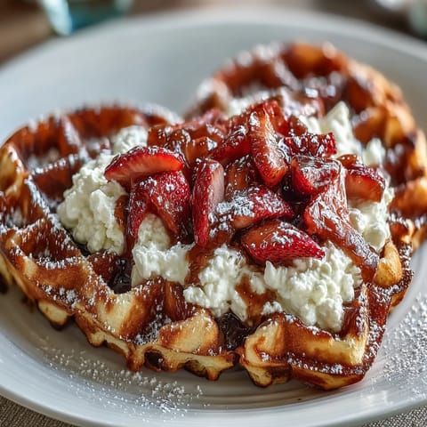 Golden waffles with a light, airy texture served alongside sweet strawberries and a smooth, tangy cottage cheese whip topping.