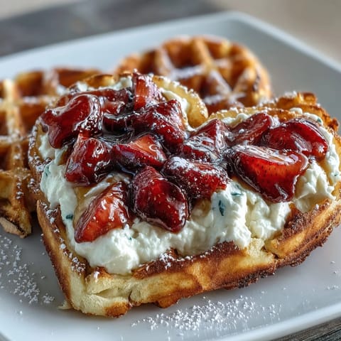Fluffy heart-shaped waffles topped with a creamy cottage cheese whip and juicy fresh strawberries for a protein-packed breakfast.