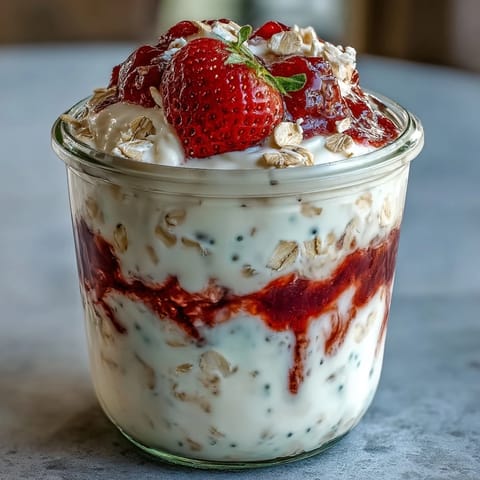 Fluffy Yogurt Overnight Oats with Strawberry Swirl, layered with creamy oats and a vibrant homemade strawberry sauce for a nutritious breakfast.