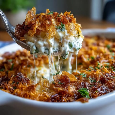 Cheesy jalapeño funeral potatoes casserole with golden cornflake topping, bubbling and golden, perfect for family gatherings or potlucks.