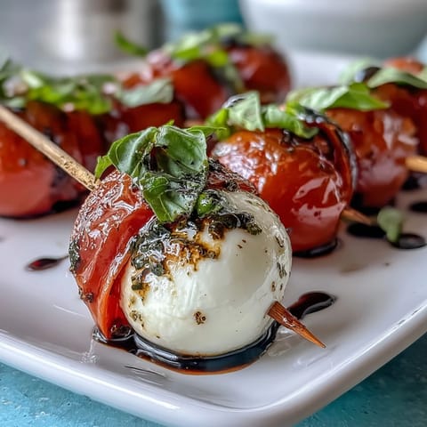 Picnic Caprese Skewers with Balsamic Drizzle: Colorful skewers stacked with cherry tomatoes, fresh mozzarella, and basil, finished with a glossy balsamic reduction.  