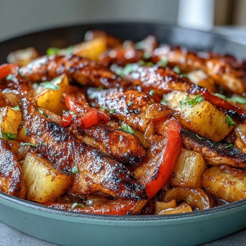 1. Vibrant chicken pineapple sheet pan fajitas with tender strips, colorful bell peppers, and sweet pineapple chunks roasted to perfection.  