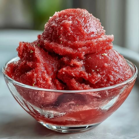 Creamy strawberry sorbet infused with zesty lime and white rum, served in chilled glasses with a garnish of fresh mint.