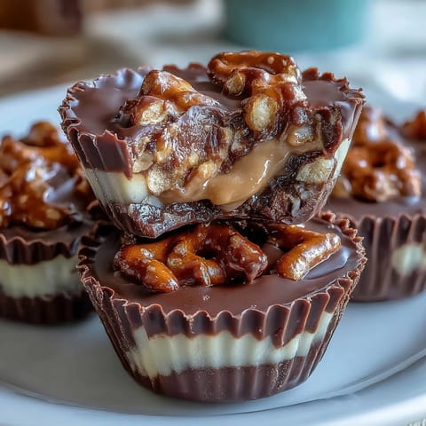 Salty pretzel base topped with smooth peanut butter and rich chocolate in homemade cups.  
