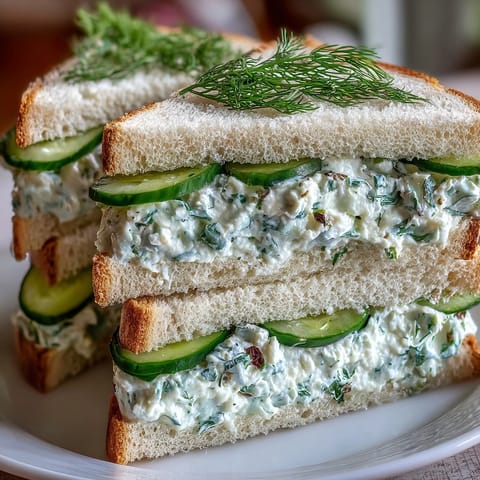 Elegant finger sandwiches filled with dill-cucumber cream cheese, arranged on a white serving tray for a sophisticated Southern appetizer.