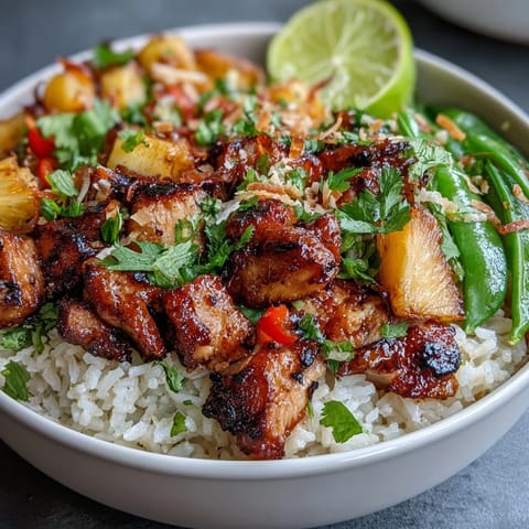 Vibrant coconut pineapple chicken rice bowls with tender chicken, sweet pineapple, and fresh vegetables.  