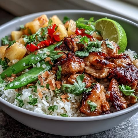 Tropical coconut rice bowls topped with juicy pineapple, sautéed vegetables, and marinated chicken.  
