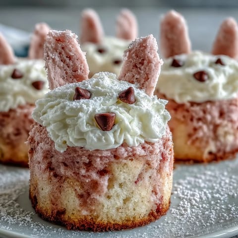 Adorable mini Easter bunny cakes decorated with buttercream, marshmallows, and colorful candies for a festive kids' party treat.  