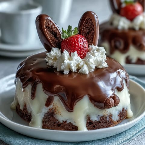 Adorable Easter strawberry bunnies coated in creamy white chocolate with pink marshmallow ears and candy eyes.