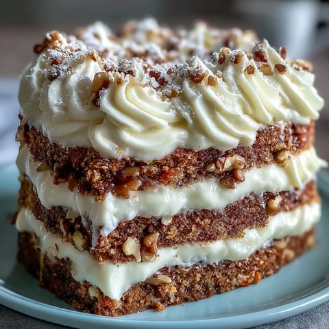Moist spiced carrot cake with crunchy walnuts and tangy cream cheese frosting, perfect for spring celebrations.  