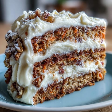 Three-layer carrot walnut cake with rich cream cheese frosting, topped with chopped walnuts and edible flowers.  
