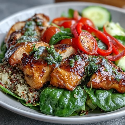 Grilled lemon chicken and fresh veggies in a vibrant quinoa bowl with zesty lemon vinaigrette.