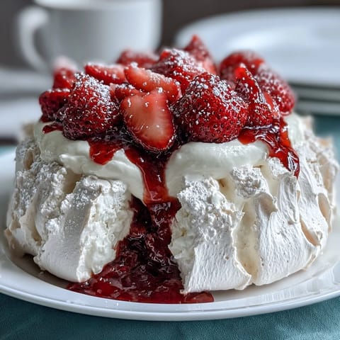 Mini Pavlovas with Strawberries and Cream: Crisp, airy meringue shells topped with silky whipped cream and juicy, macerated strawberries.