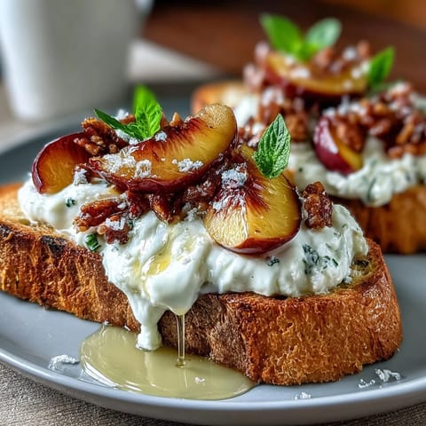 Golden honey peach burrata toast with juicy peaches and creamy cheese on rustic sourdough for spring brunch.