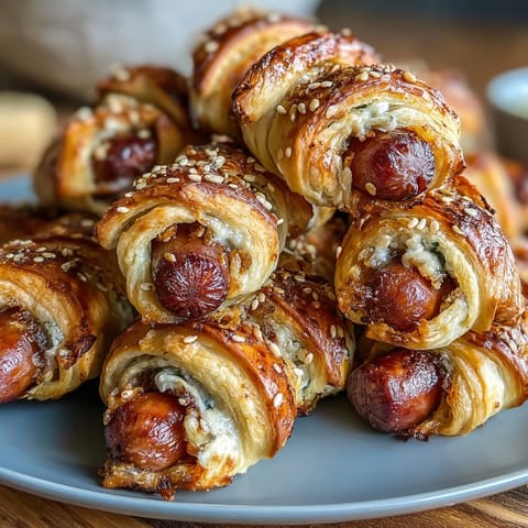 Golden, flaky crescent-wrapped cocktail sausages served with tangy honey mustard dipping sauce, perfect for game day parties.