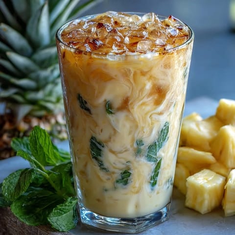 A vibrant pineapple coconut agua fresca in a tall glass with ice and fresh mint garnish, perfect for summer refreshment.