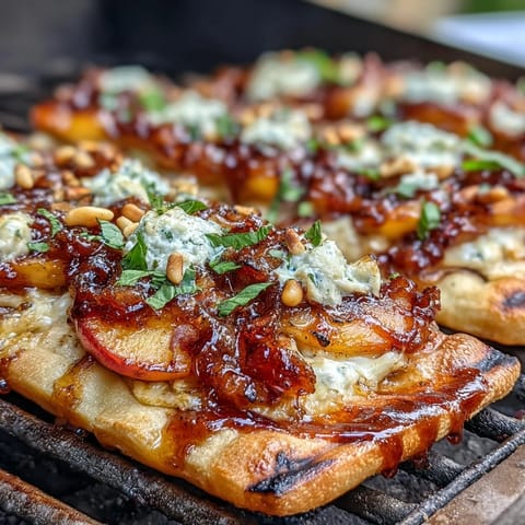 Golden grilled flatbread topped with juicy peaches, creamy Brie, and tangy BBQ sauce.  