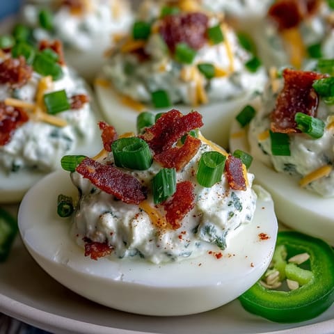Creamy jalapeño popper deviled eggs - Tangy cream cheese filling with smoky bacon and zesty jalapeño garnish in classic egg halves.  