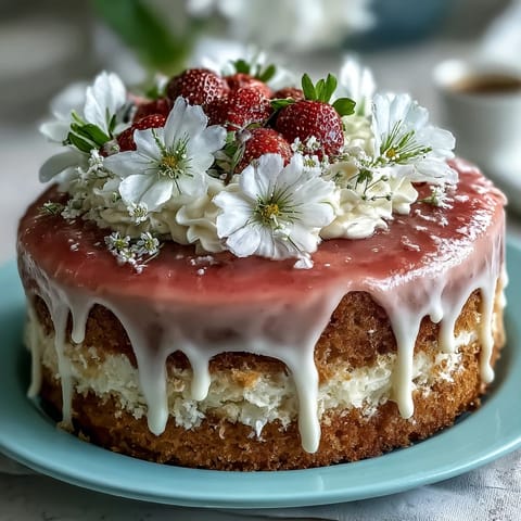A stunning floral drip cake with layers of vanilla sponge and fresh strawberry frosting, crowned with edible flowers for a spring celebration.