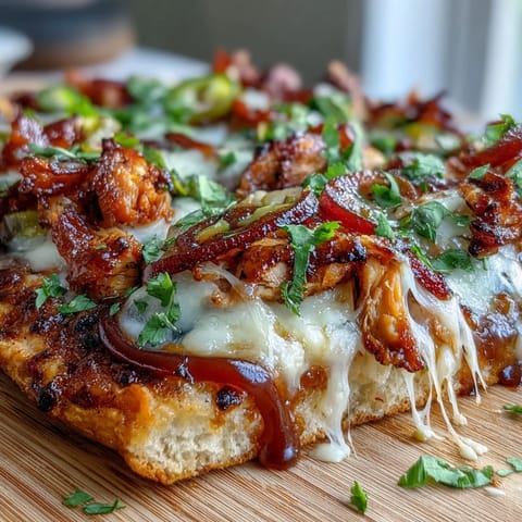 Smoky BBQ chicken flatbread pizza with melted mozzarella, red onion, and bell peppers, perfect for summer cookouts or easy dinners.  