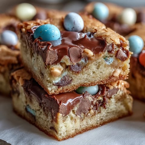 Chewy peanut butter Easter egg cookie bars with colorful candy toppings and rich chocolate chips.