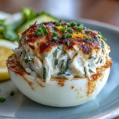 Deviled eggs spiked with seasoned crab and zesty Old Bay, a delightful bite.