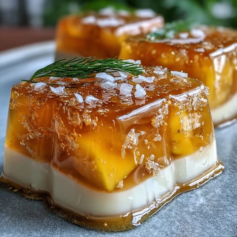 Golden mango agar-agar jelly cubes meet creamy coconut milk, a cool dessert.