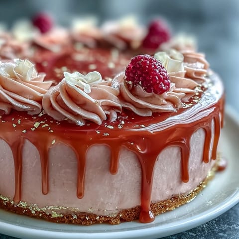 Elegant pink Bridal Shower Rosé Velvet Cake with shimmering gold drip.