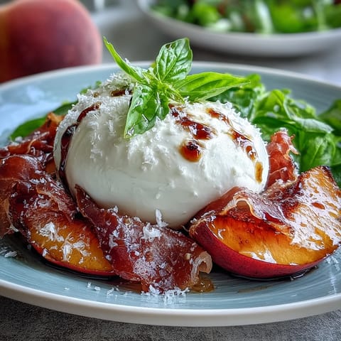 Creamy burrata and sweet peaches star in this prosciutto summer salad.