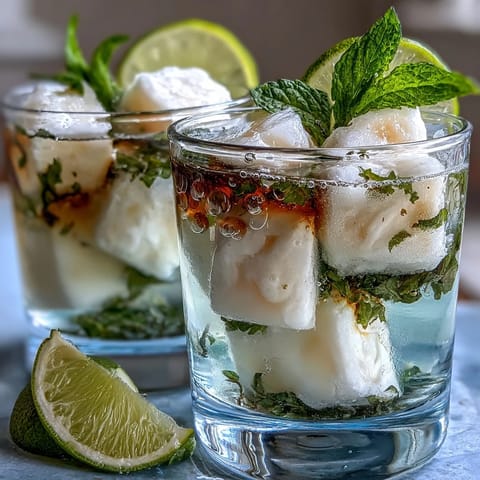 See translucent, homemade lychee agar jelly cubes chilled in sparkling yuzu and mint.