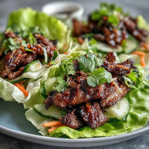 Crisp lettuce wraps overflow with savory Korean BBQ beef and vibrant, spicy kimchi.
