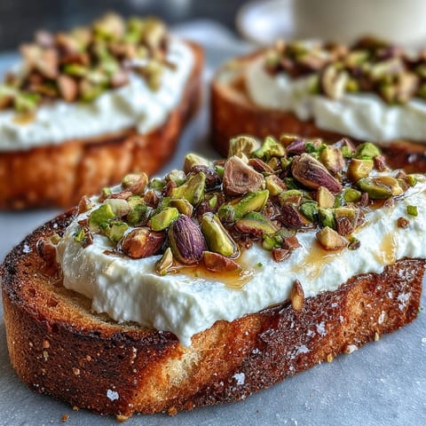 Golden artisanal toast topped with fluffy whipped ricotta, sweet honey, and crunchy pistachios.